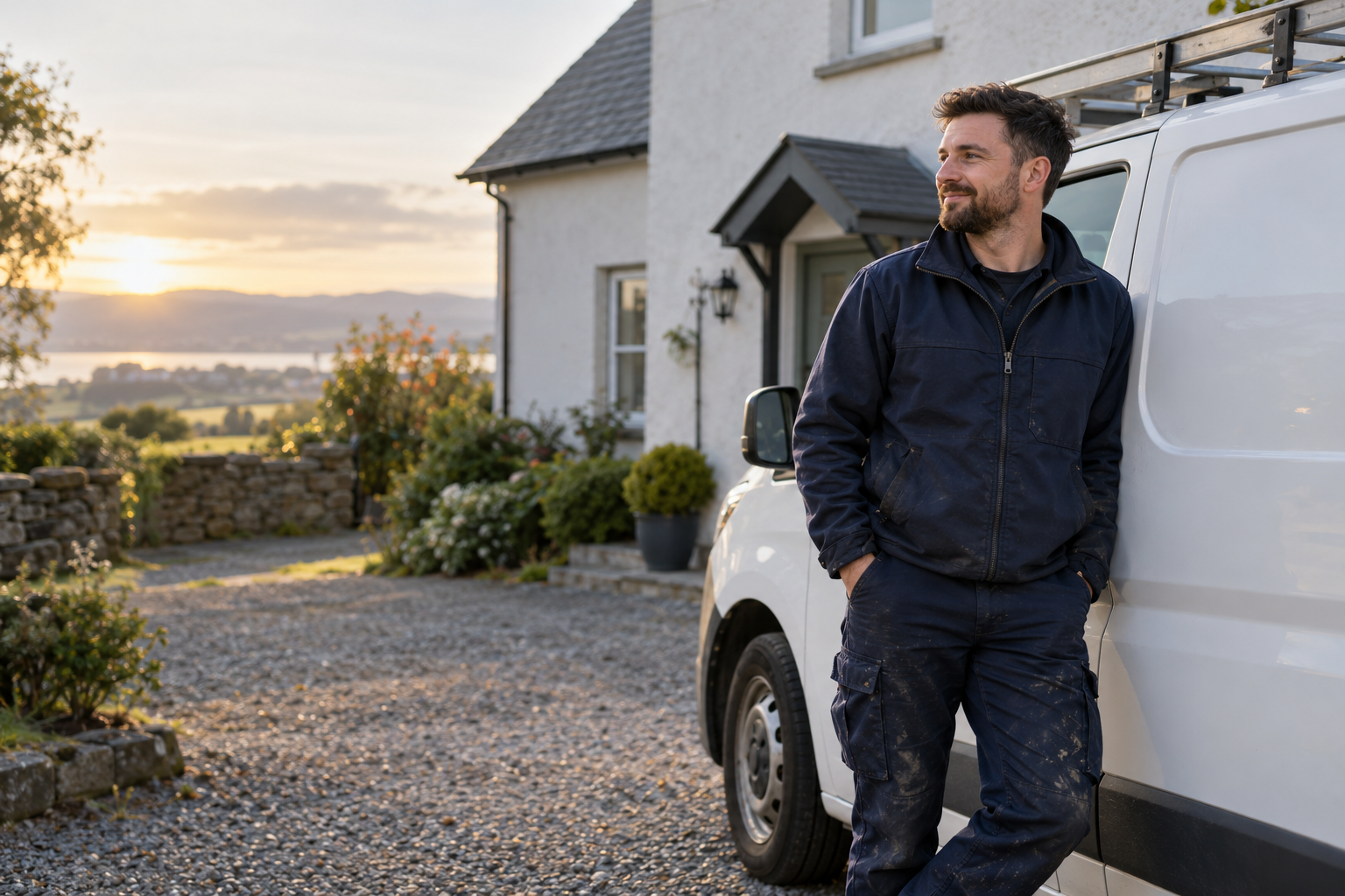Tradesperson beside a service van outside a house